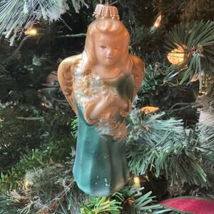 VTG German Beautiful Christmas Ornament Angel Engel Green Scratches Chips Signed